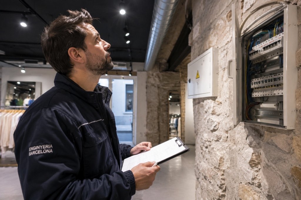 Ingeniero eléctrico inspeccionando cuadro eléctrico en local comercial
