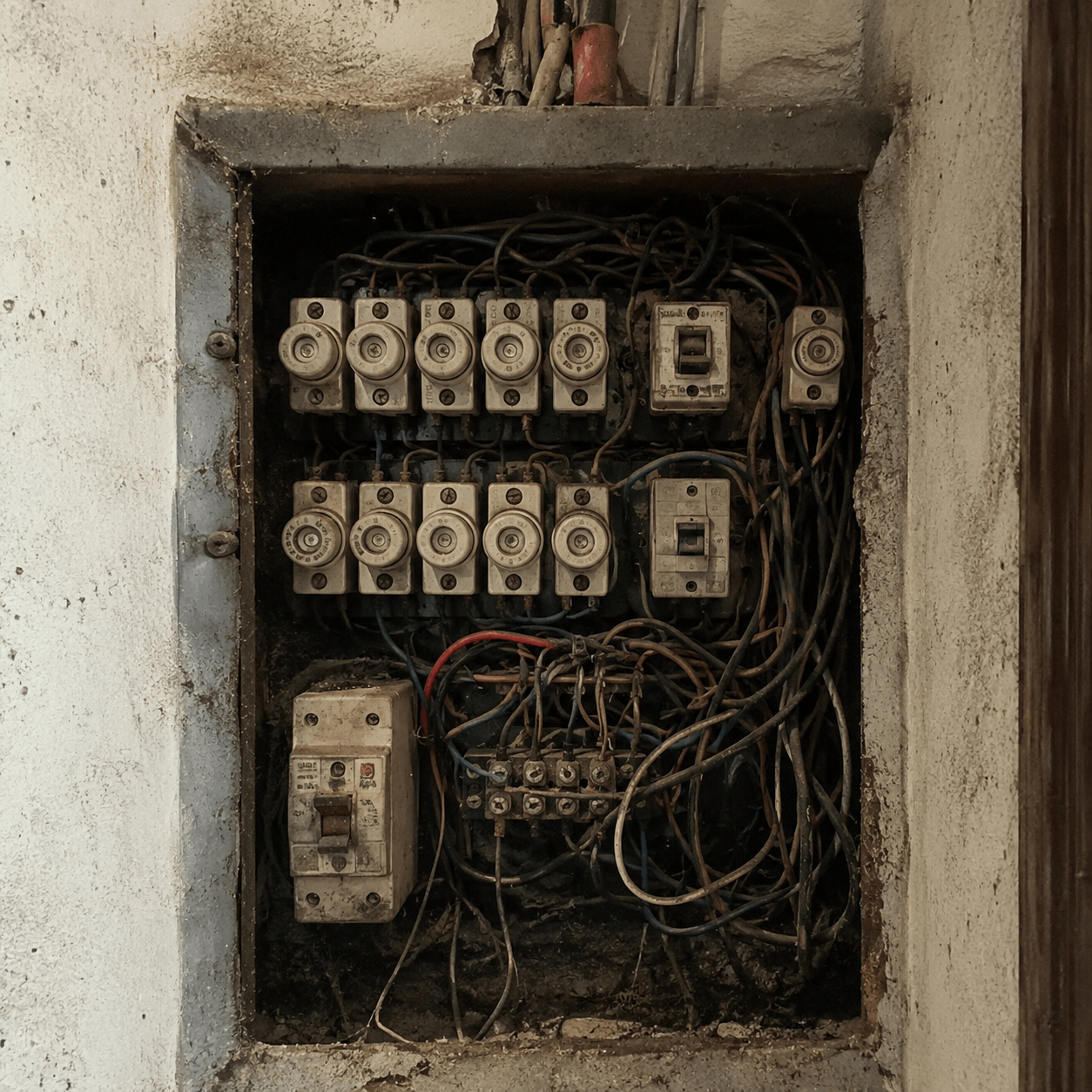 Cuadro eléctrico antiguo y desordenado